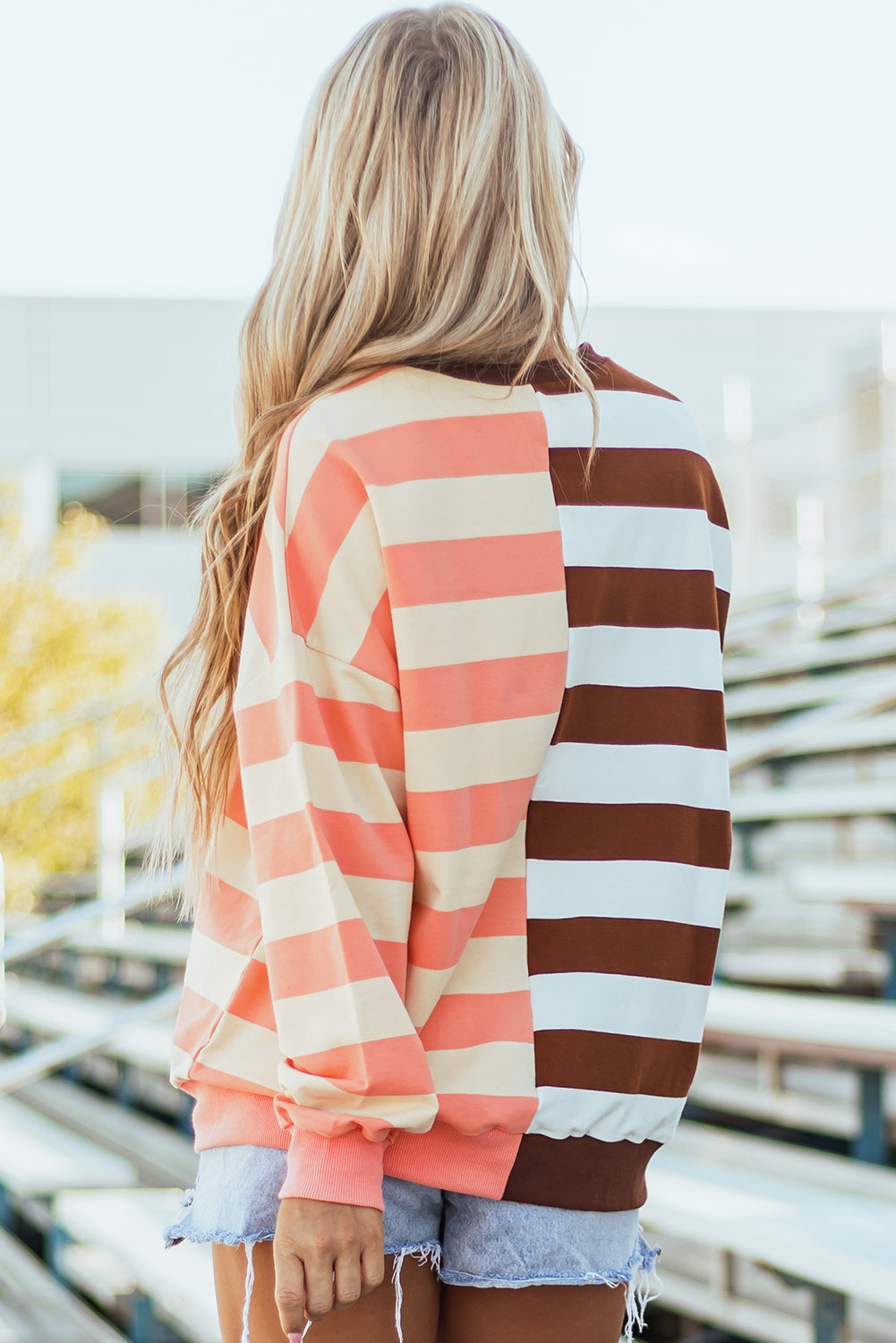 Yasena Color Block Striped Drop Shoulder Pullover Sweatshirt - Image 2
