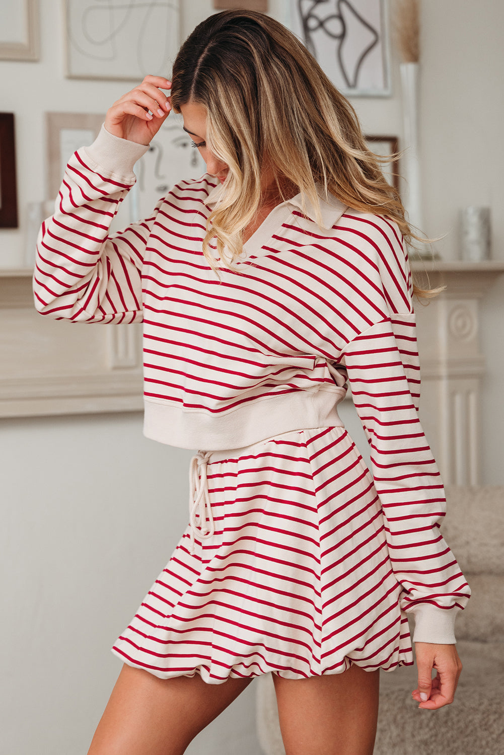 Women's Stripe Cropped Pullover and Bubble Mini Skirt Set