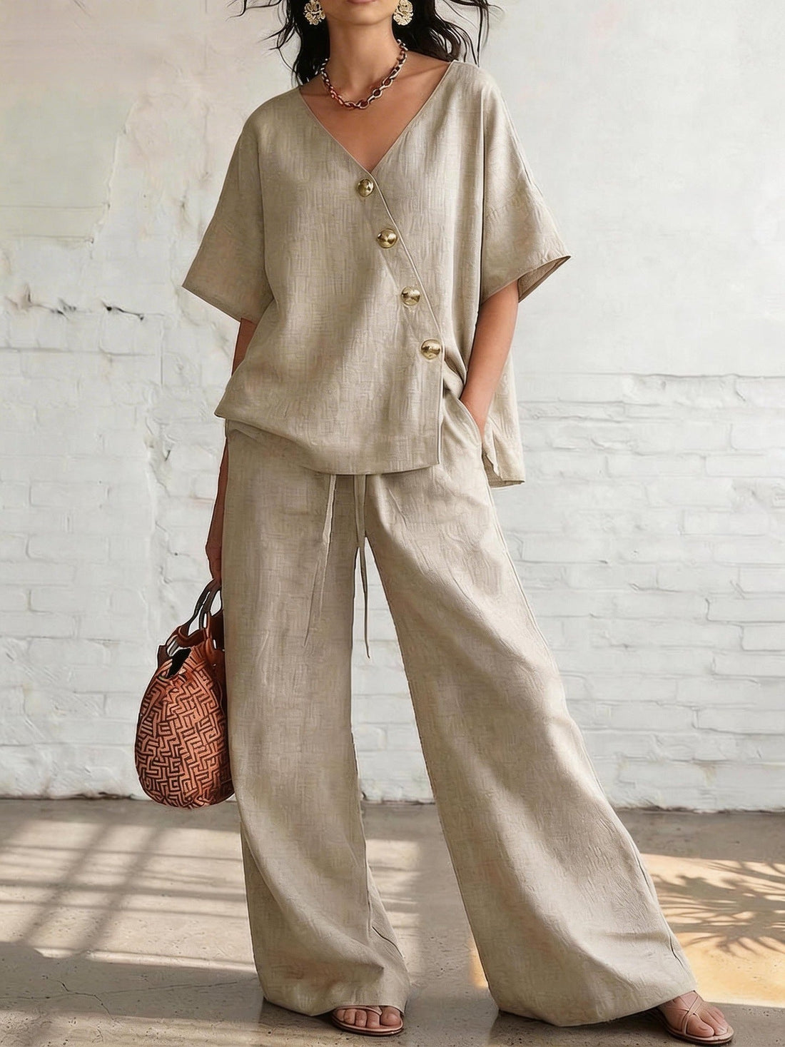 Women's V-Neck Cotton-Linen Top and Wide-Leg Pants Set - Image 6