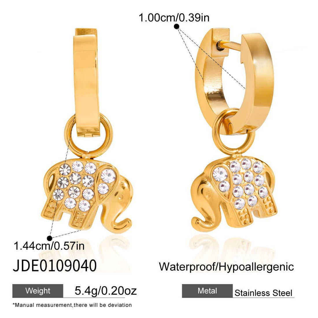 Gold stainless steel hoop earrings featuring a polished elephant charm with zircon detail
