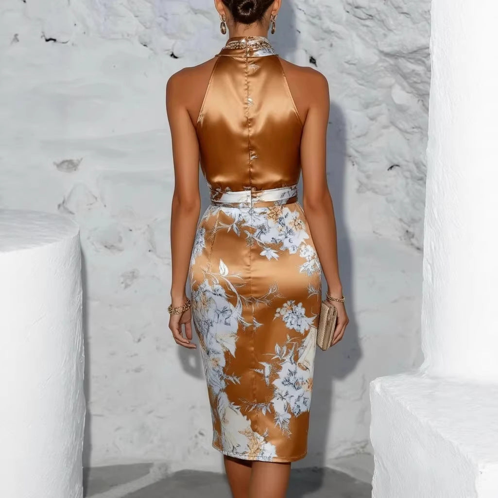 Floral Print Chiffon Halter Neck Evening Gown - Formal Maxi Dress
