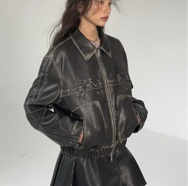 Women's Harajuku Style Bow PU Leather Motorcycle Jacket - Image 6