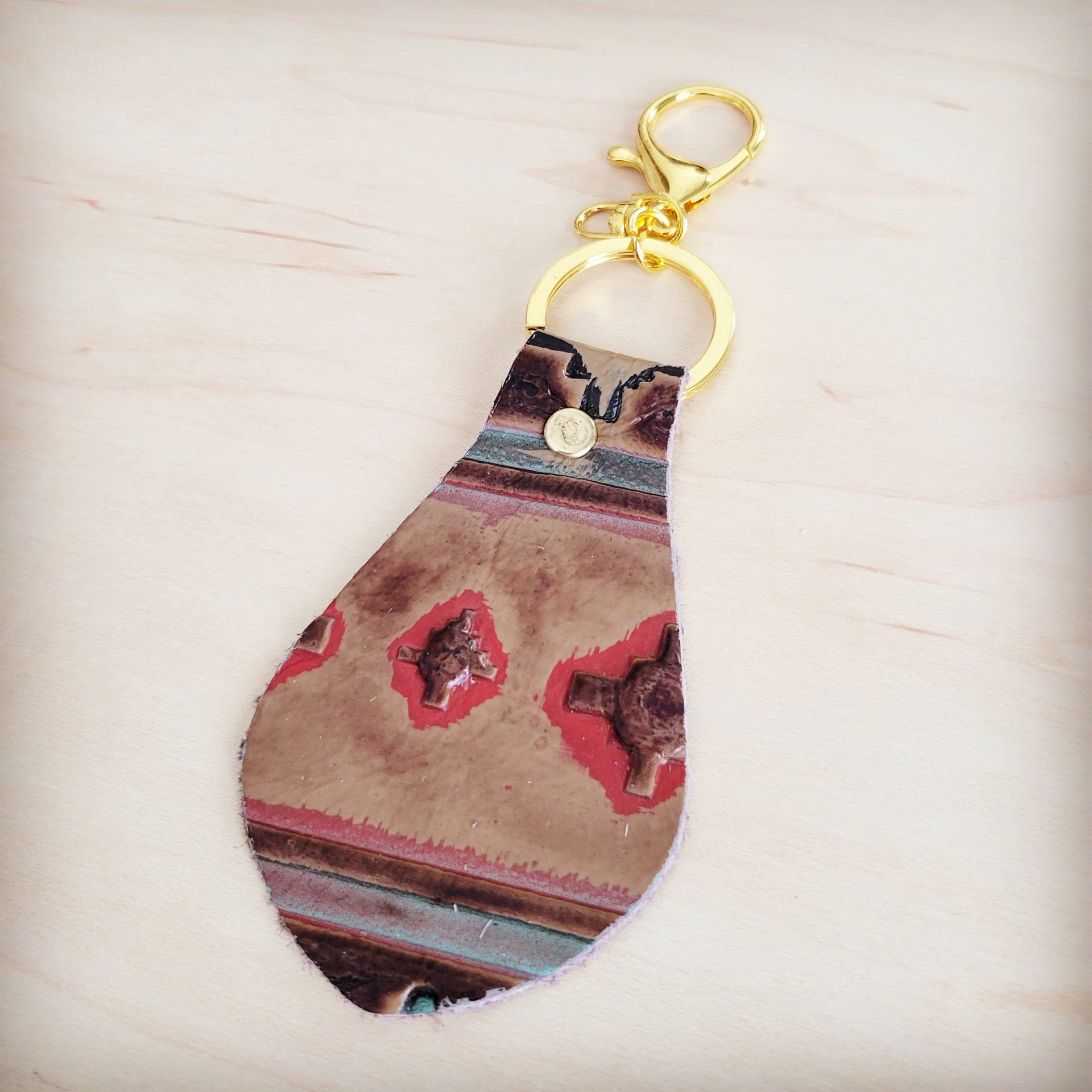 Red Brown Navajo Leather Keychain with Gold Tone Hardware - Image 2