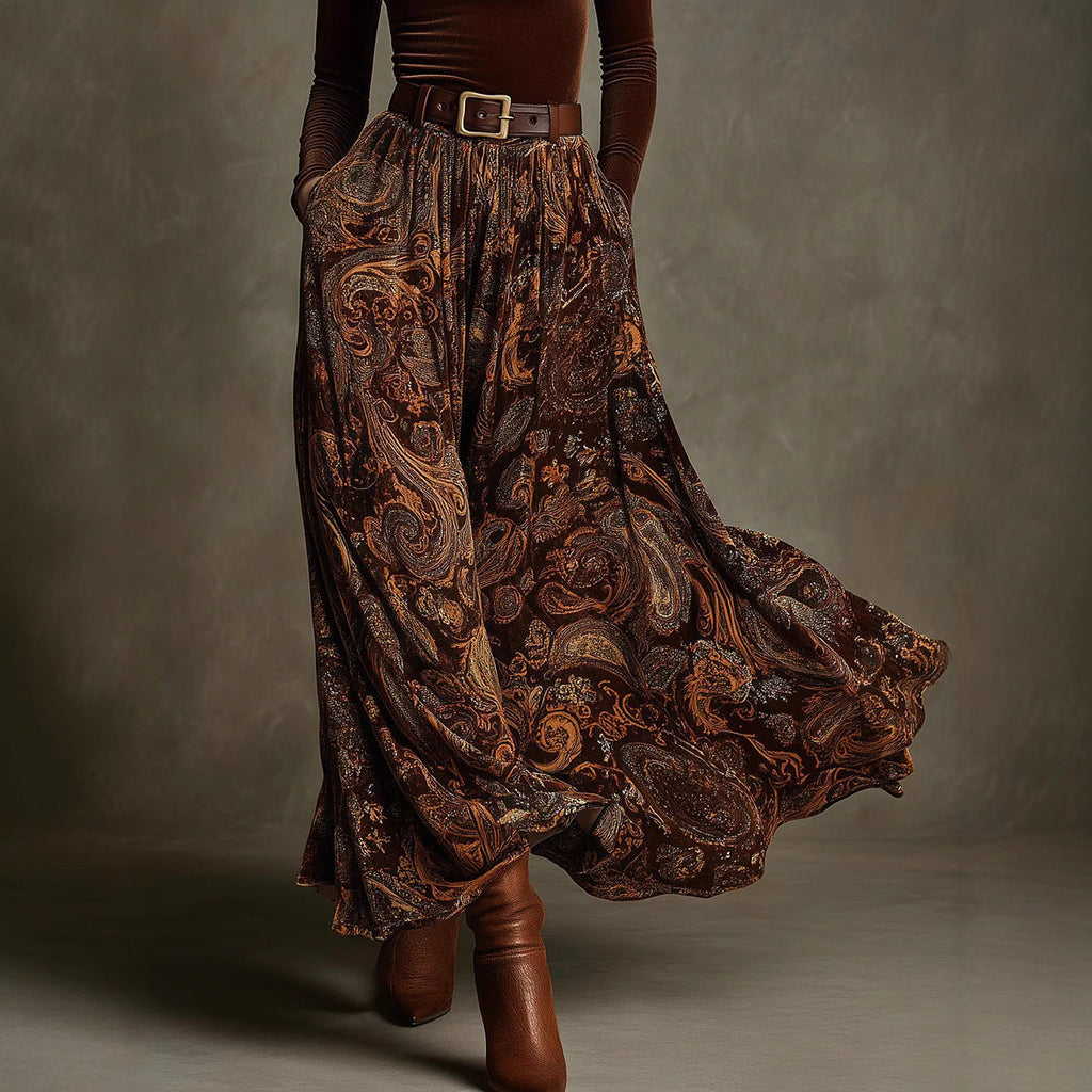 Women's Paisley Print Long Sleeve Skirt Set with Belt in Caramel - Image 6