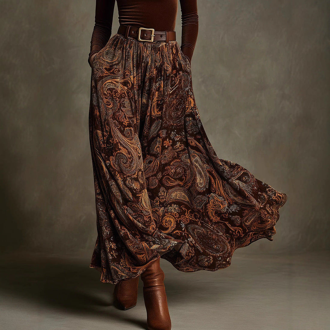 Women's Paisley Print Long Sleeve Skirt Set with Belt in Caramel - Image 6
