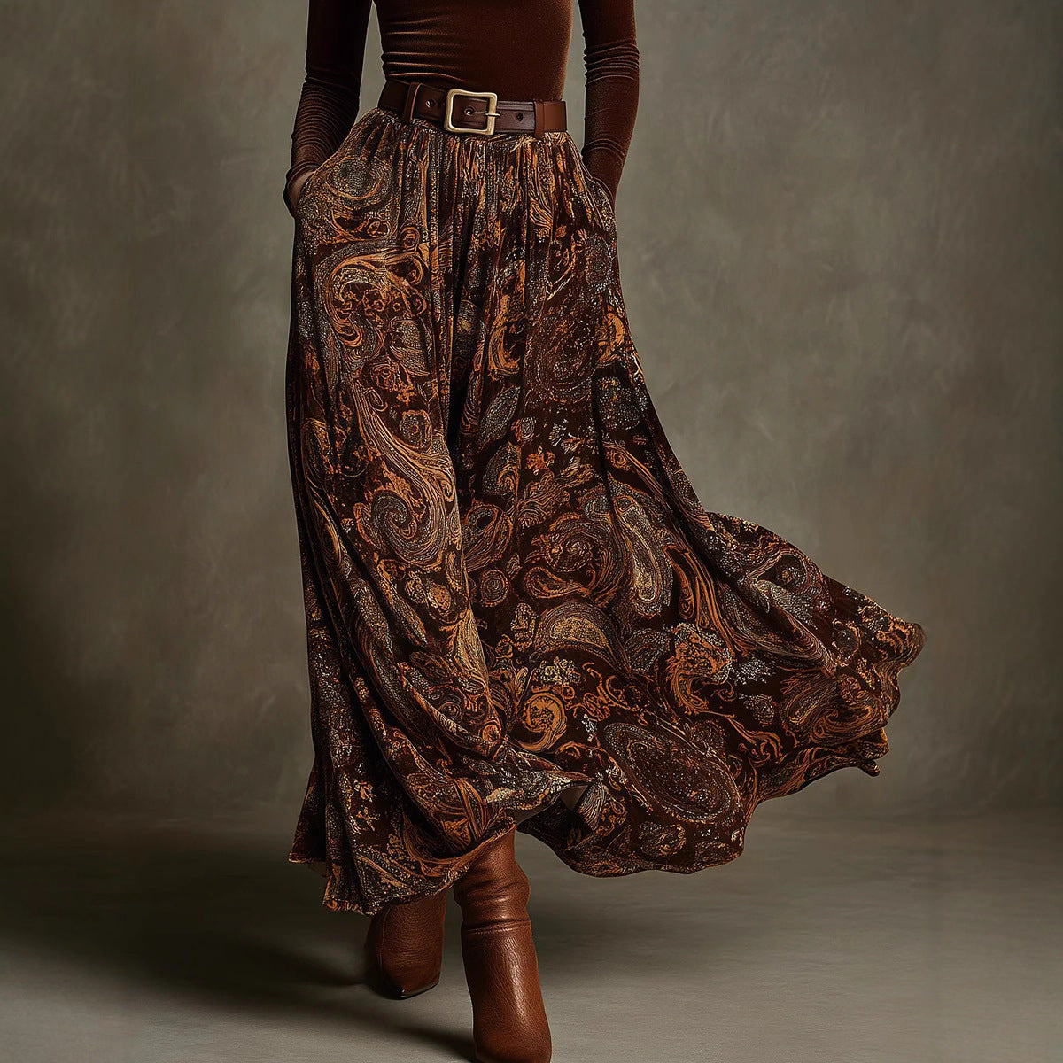 Women's Paisley Print Long Sleeve Skirt Set with Belt in Caramel - Image 6