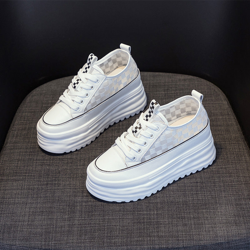 Women's Thick-Soled Platform Sneakers with Checkerboard Mesh - Image 3