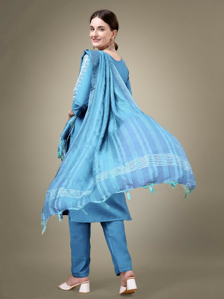 Sky Blue Cotton Blend Straight Kurta Set with Embroidery & Sequence