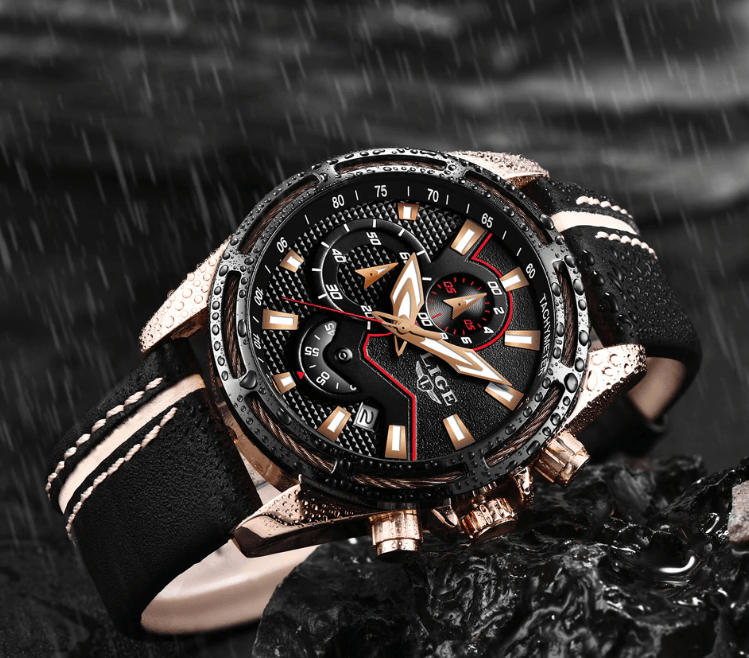 Men's Waterproof Sports Chronograph Watch with Leather Strap
