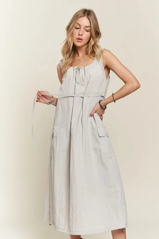 Summer Drawstring Slit Back Cargo Dress in Light Grey & Beige