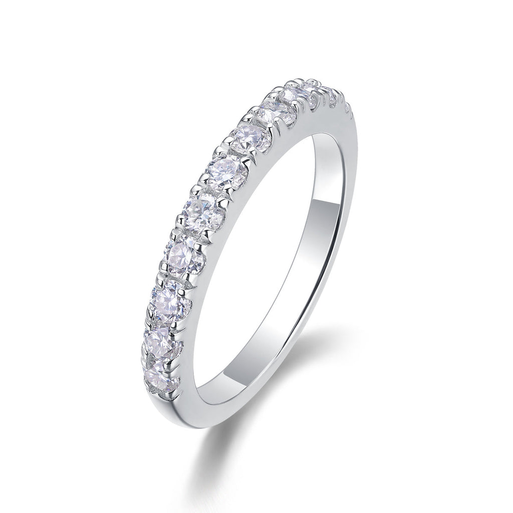 S925 Silver 2.6g Platinum Plated Moissanite Ring, 3.0mm 8pcs D VVS1 Half Eternity Band, GRA Certified US 5-9