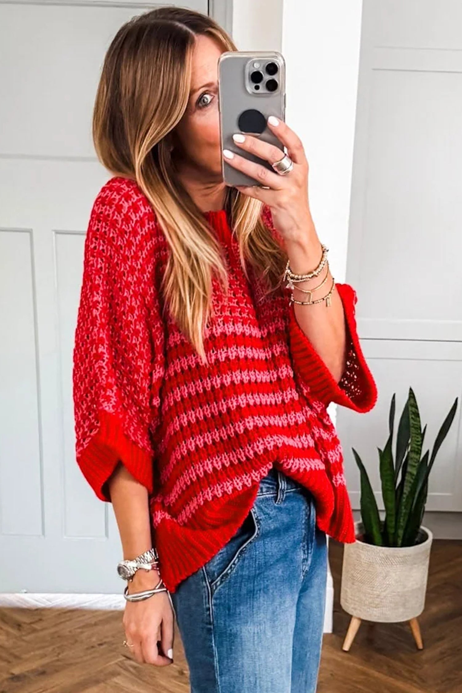 Red Stripe 3/4 Draped Sleeve Slouchy Sweater | Acrylic Knit