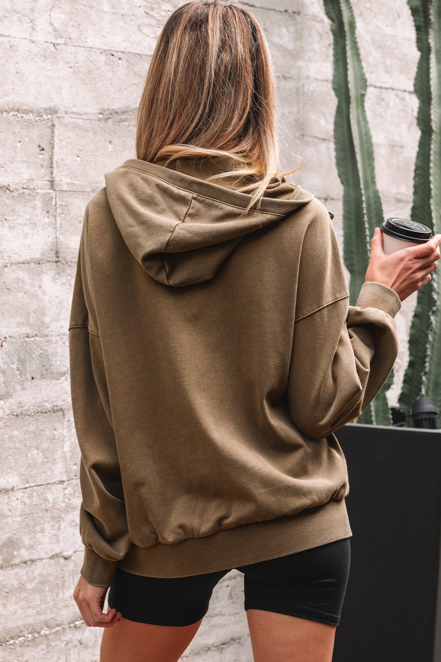 Solid Half-Zip Kangaroo Pocket Baggy Hoodie