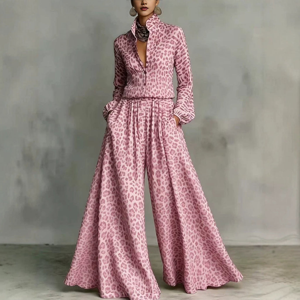 Leopard Print Wide-Leg Pants Set - Bohemian Casual Two-Piece