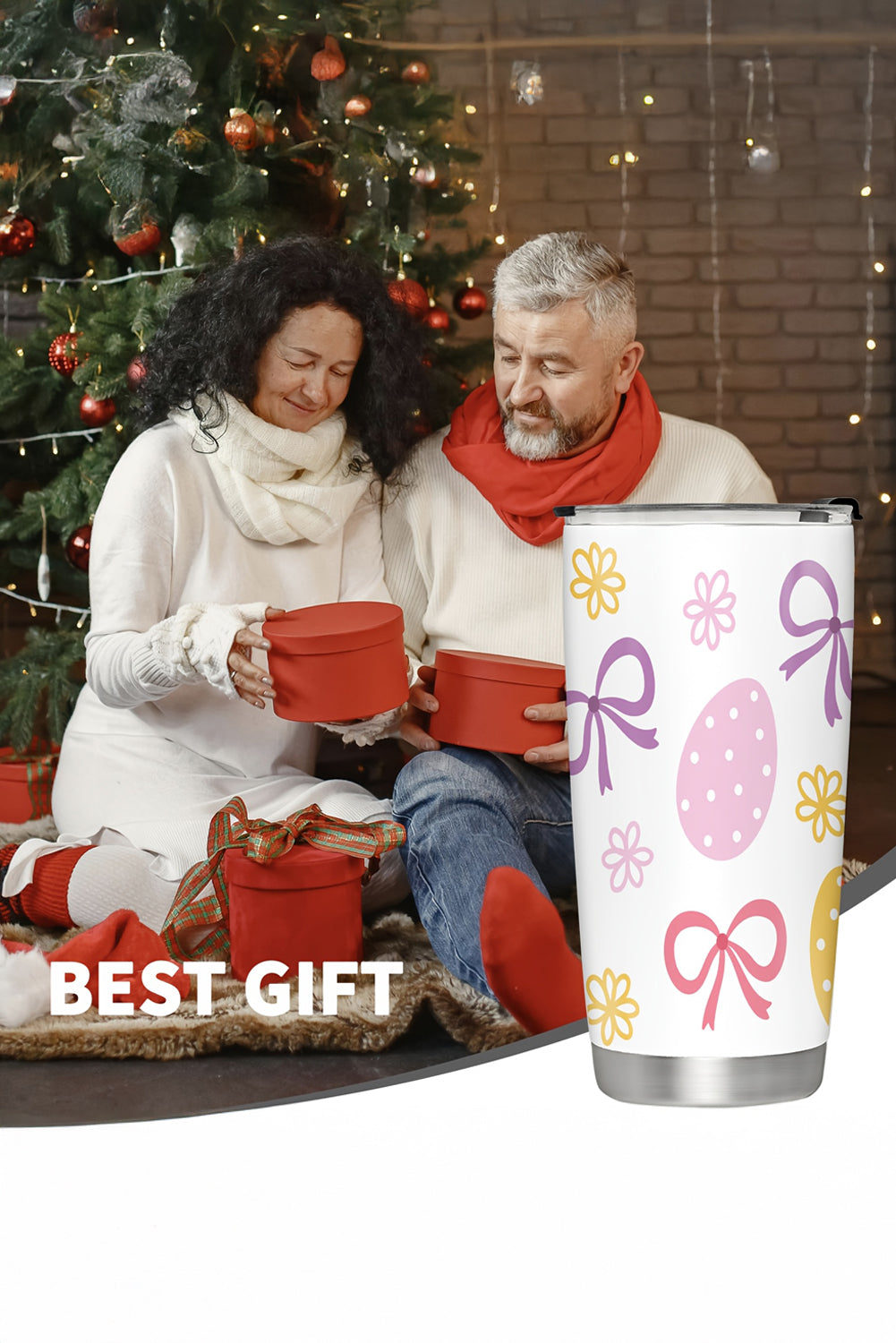 White Easter Egg Bow Flower Printed Insulated Stainless Steel Thermal Cup