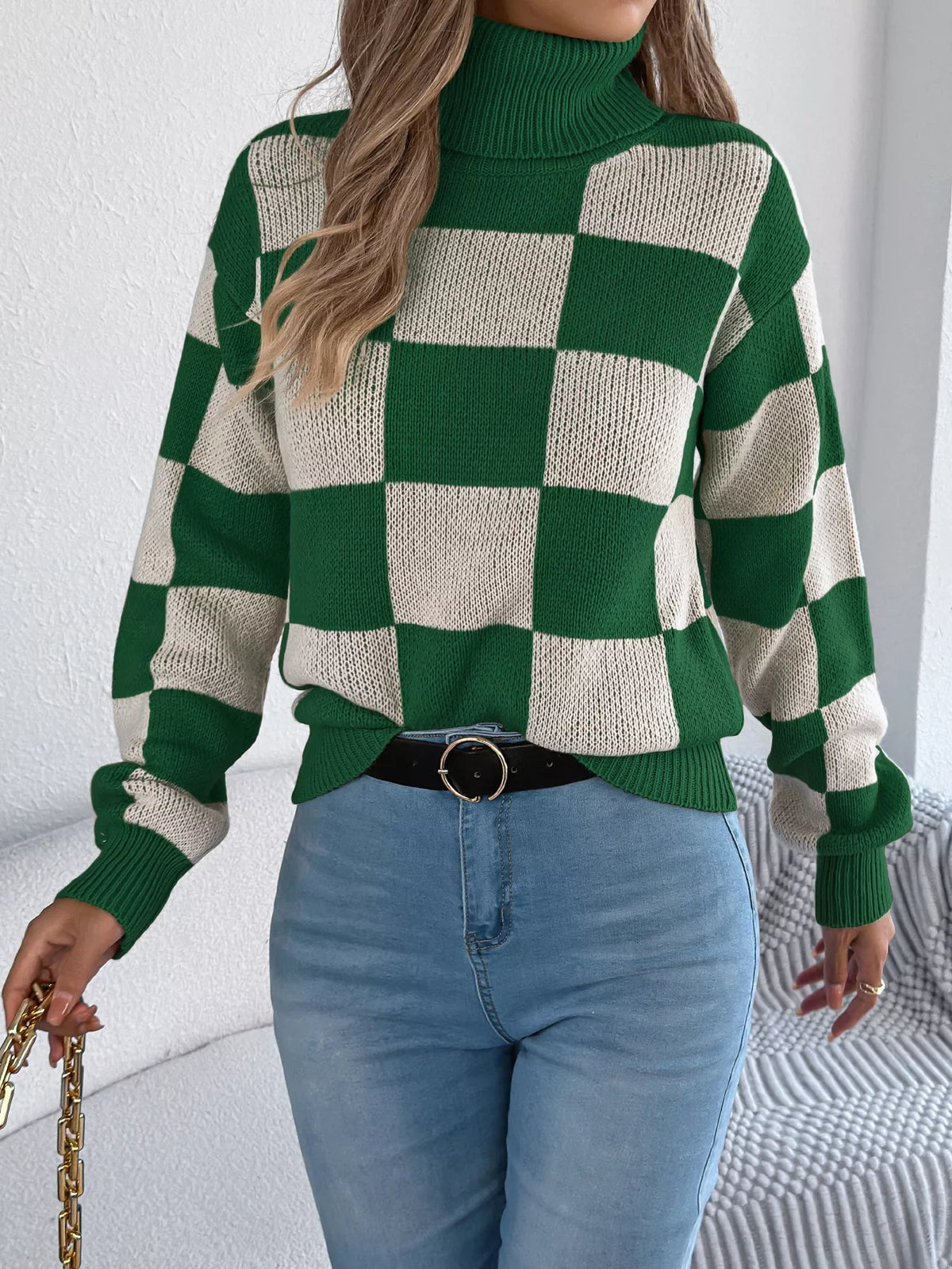 Checkered Turtleneck Long Sleeve Sweater