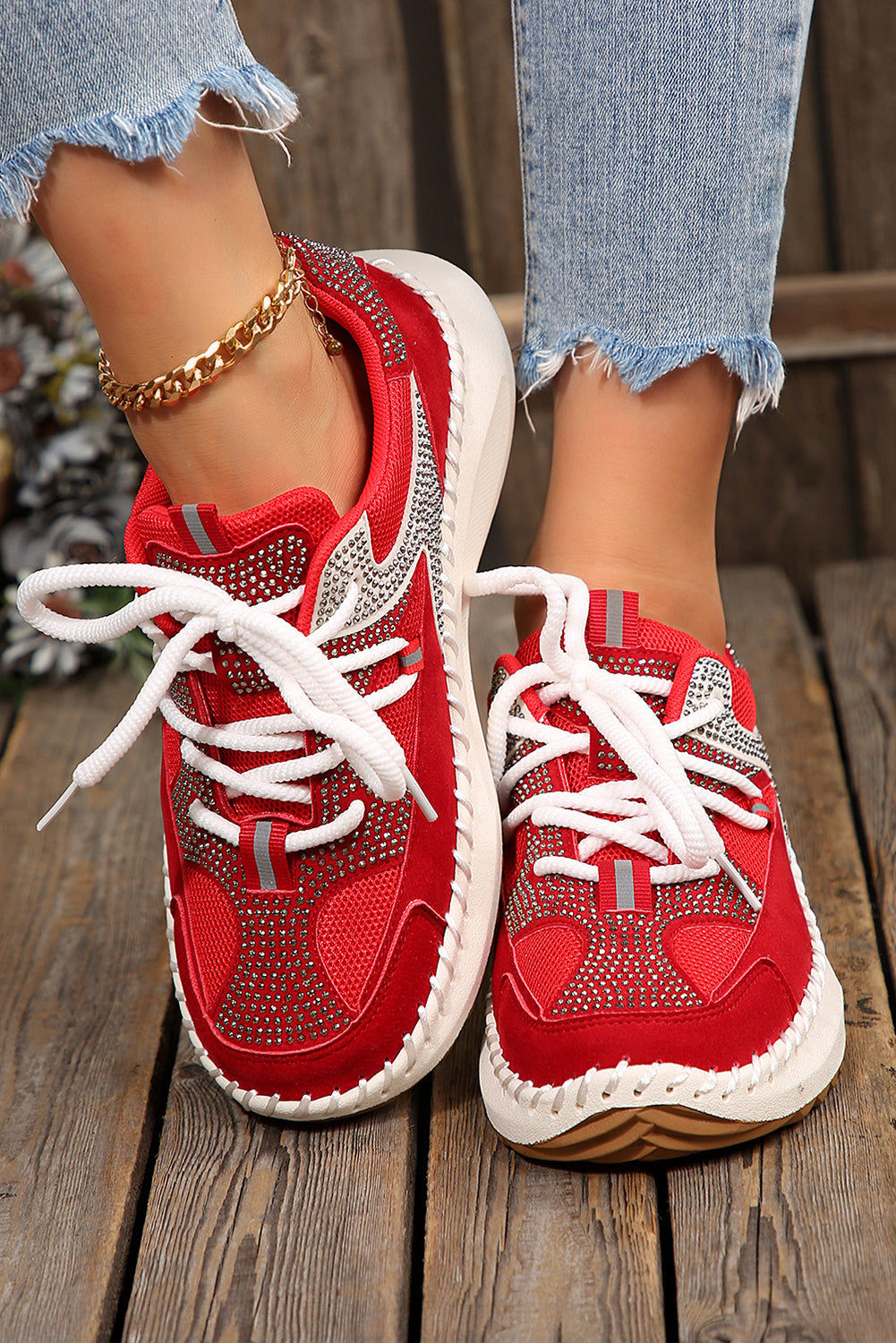 White Rhinestone Platform Sneakers Casual Lace Up Trainers