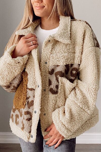 Women’s Leopard Print Sherpa Jacket with Pockets, Casual Cozy Coat