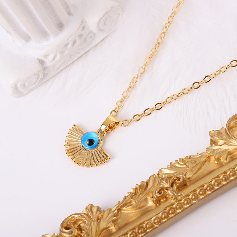 Evil Eye Fan Pendant Necklace Jewelry Set - Gold-Plated Bohemian