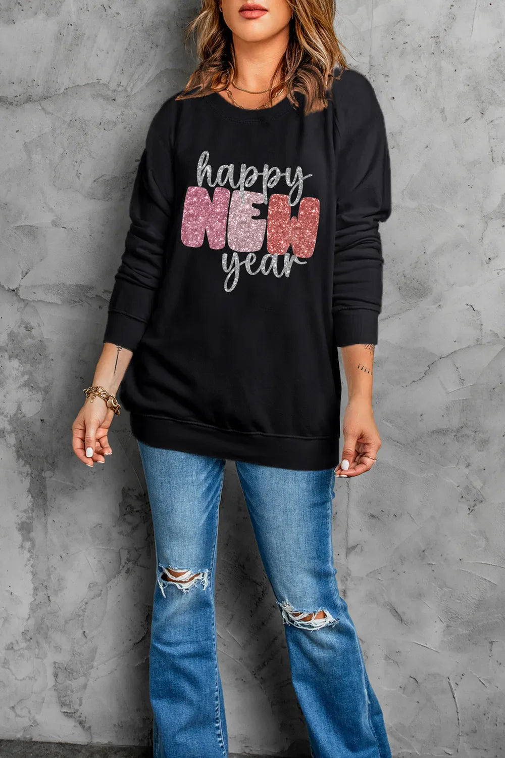 HAPPY NEW YEAR Glitter Sweatshirt | Round Neck Cotton Blend