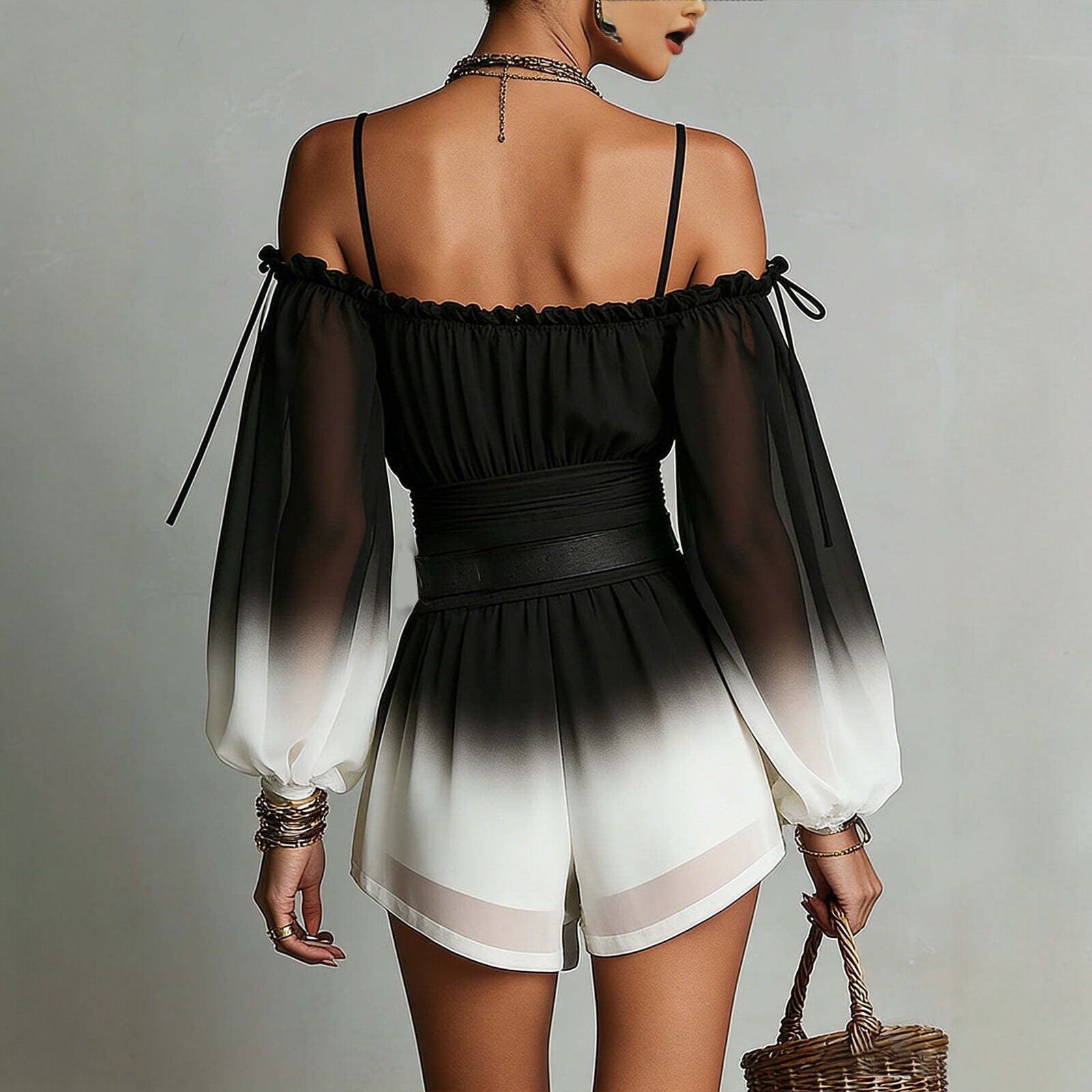 Off-Shoulder Ombre Puff-Sleeve Chiffon Romper with Belt - Image 3