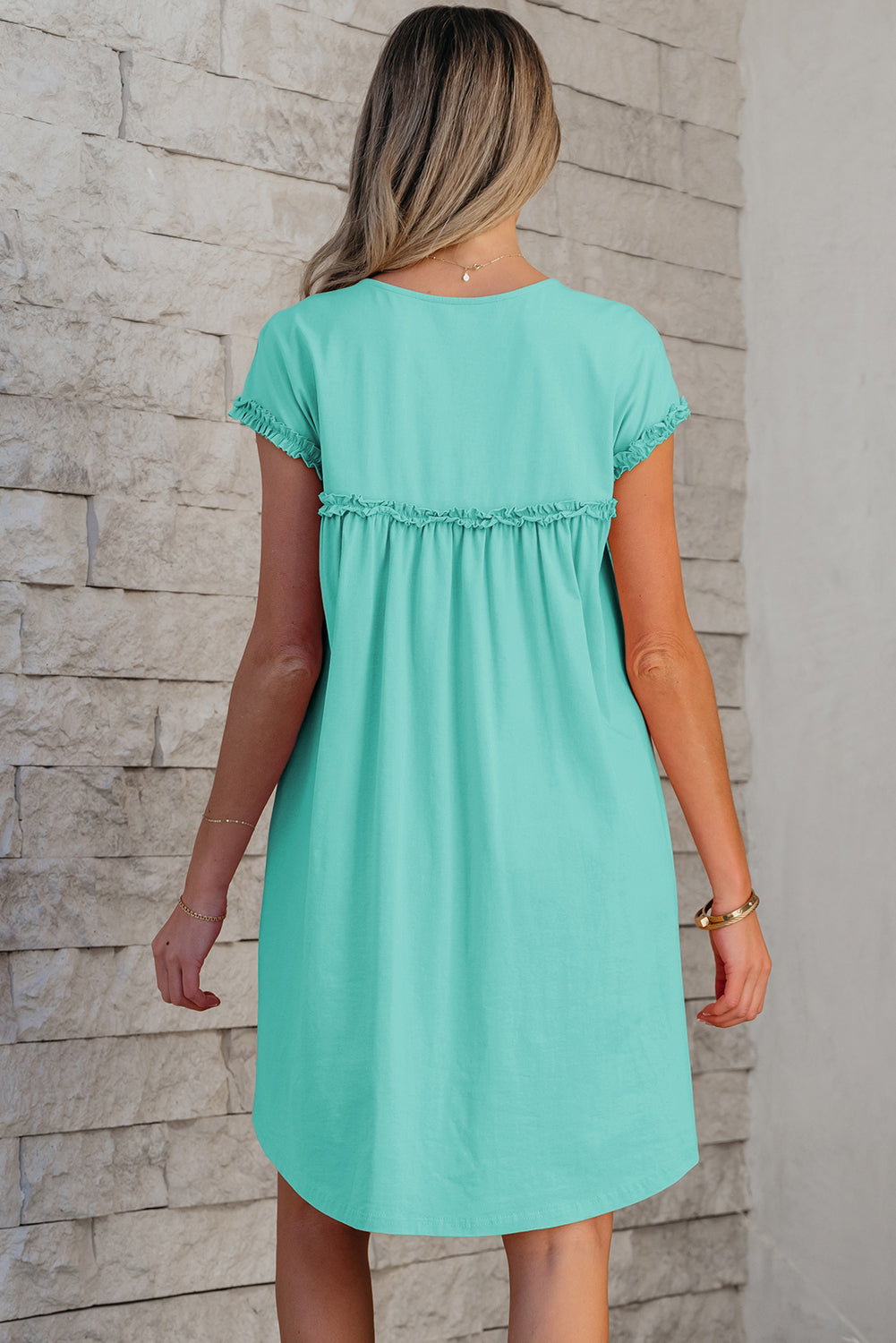 Women's Loose Fit Mini Dress with Frilled Trim - Casual Cotton