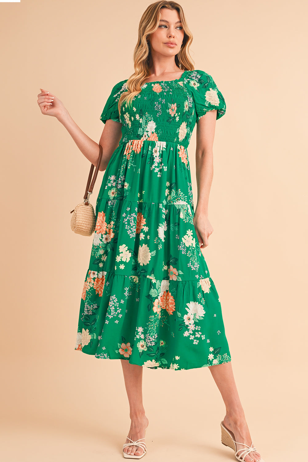 Green Floral Bubble Sleeve Smocked Midi Dress | Viscose