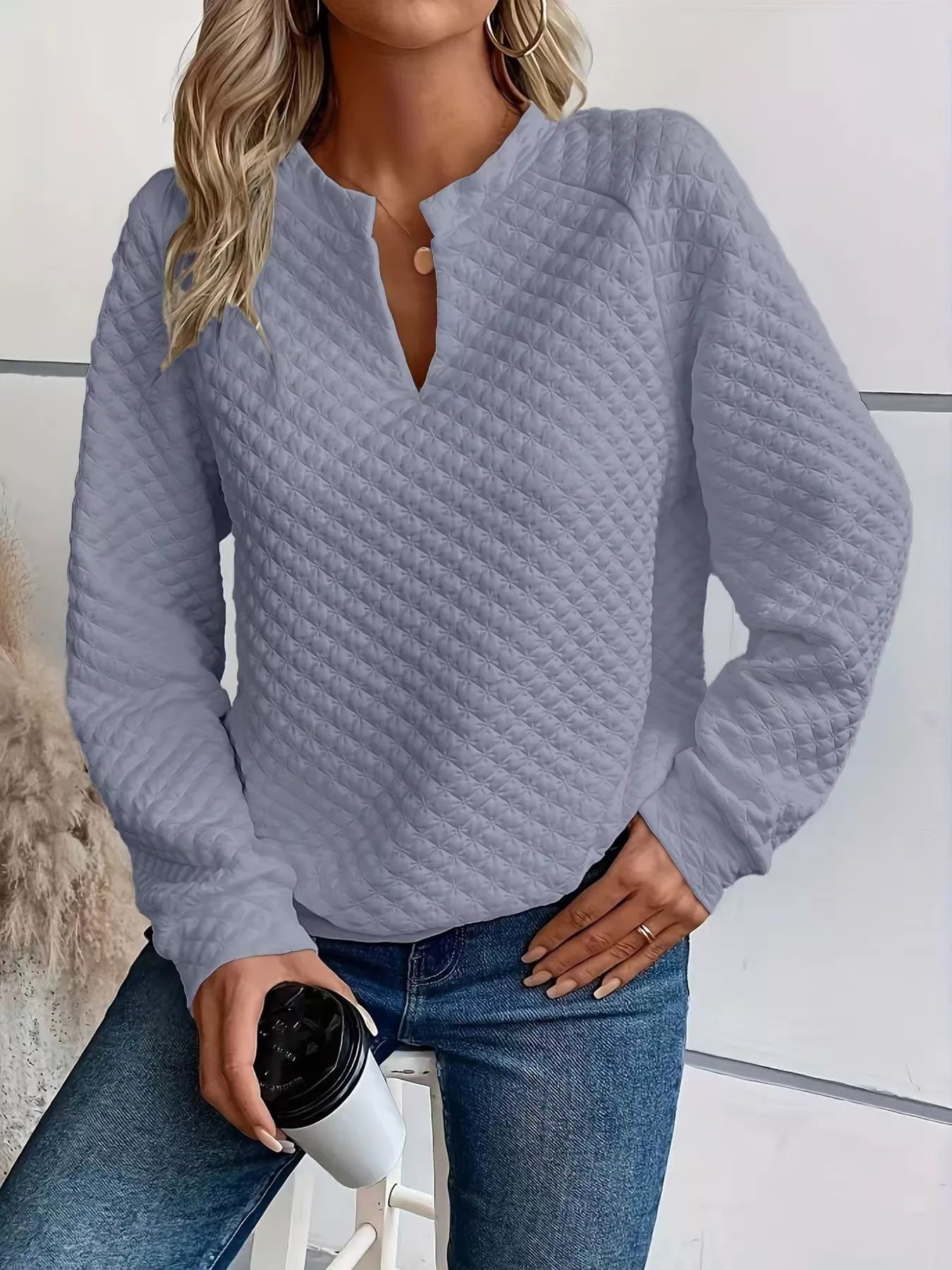 White Quilted Notched Neck Long Sleeve Sweatshirt - Image 7