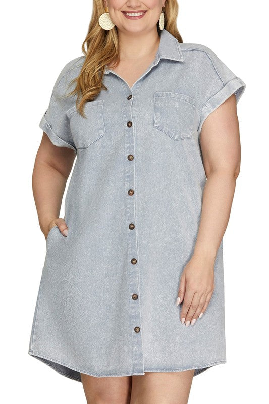Blue Grey Button-Down Shirt Dress with Rolled Cuffs