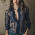 Women’s Navy Lace Long Sleeve Button-Down Blouse Sheer Top - Image 3