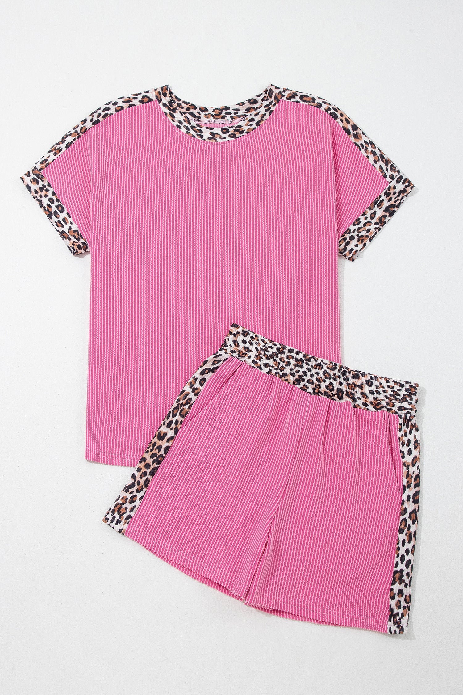 Pink Leopard Trim Corded Knit Top & Shorts Lounge Set