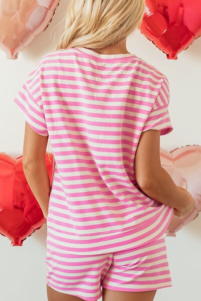 Striped Round Neck T-Shirt and Drawstring Shorts Set