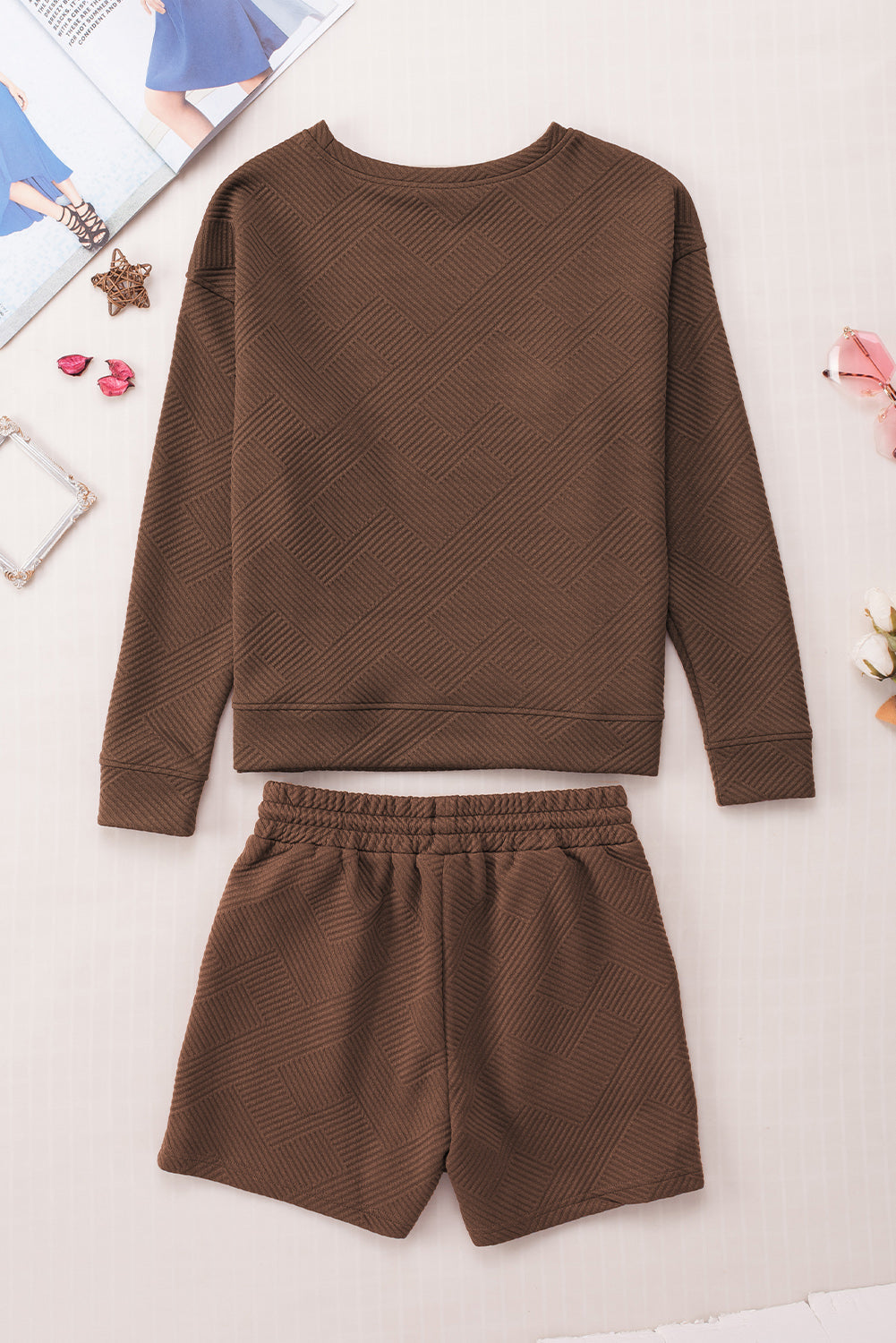 Textured Long Sleeve Top and Drawstring Shorts Set