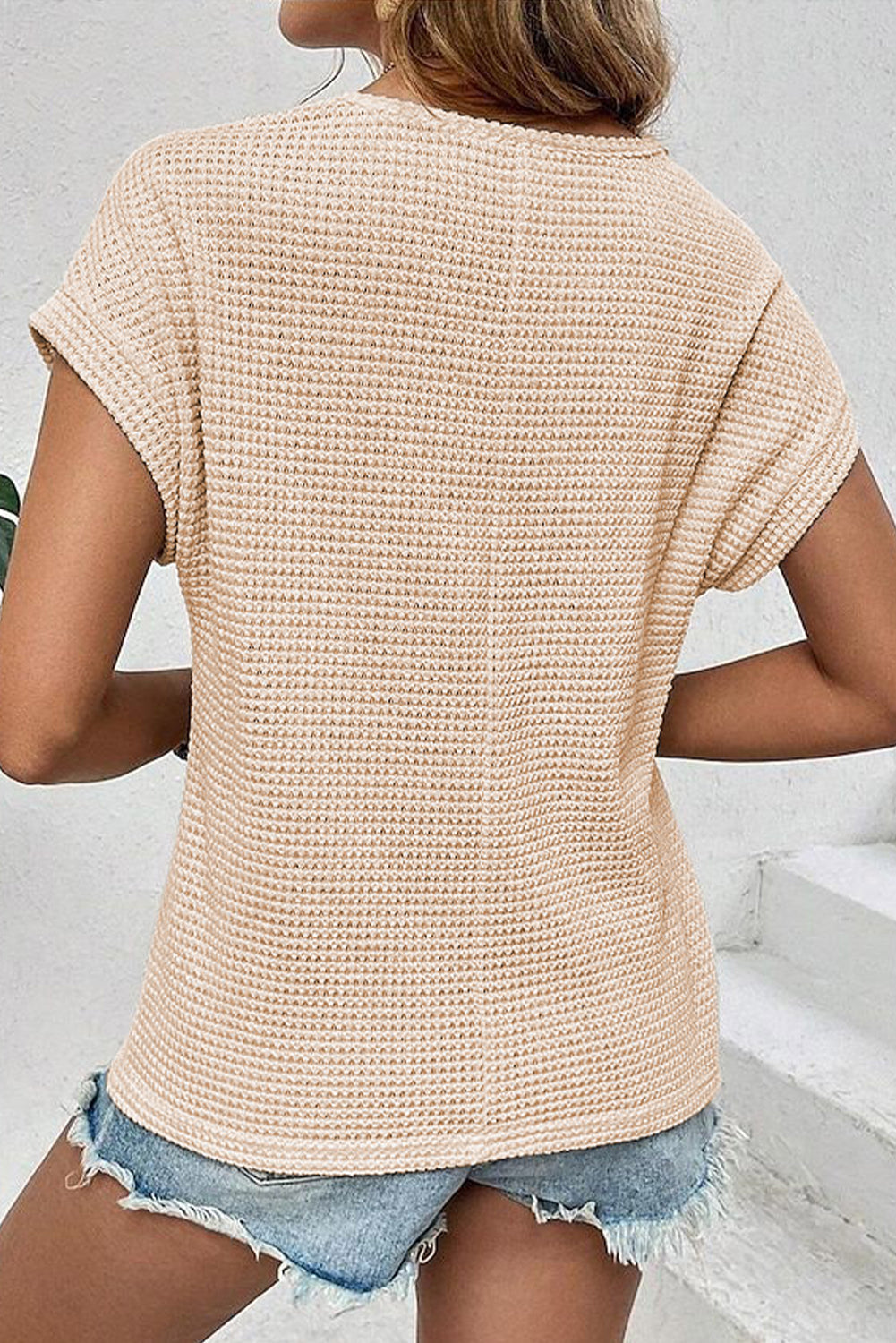 Oatmeal Hollow Patchwork Waffle Knit Top