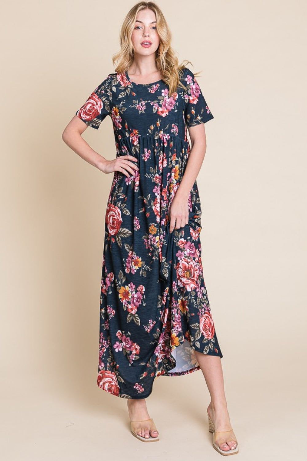 Floral Short Sleeve Maxi Dress with Shirred Detail