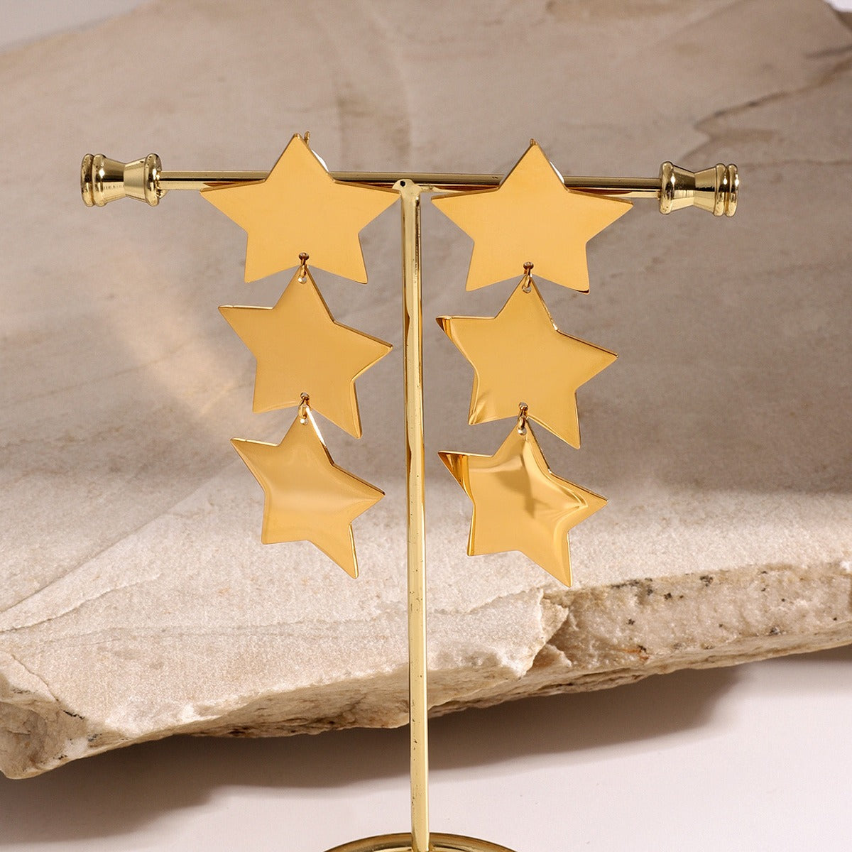 18K gold stylish five-pointed star with three-layer design earrings