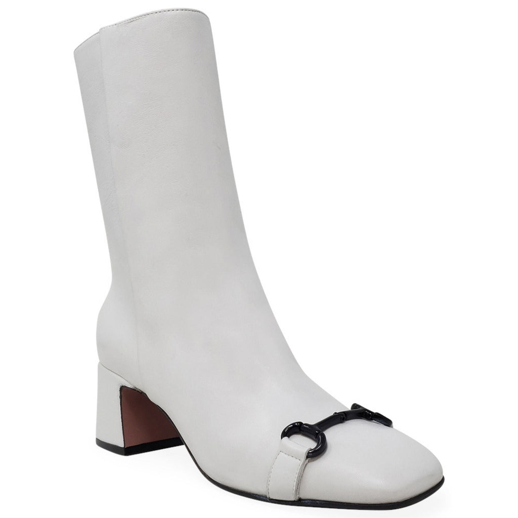 White Leather Back Stripe Block Heel Boots - Image 2