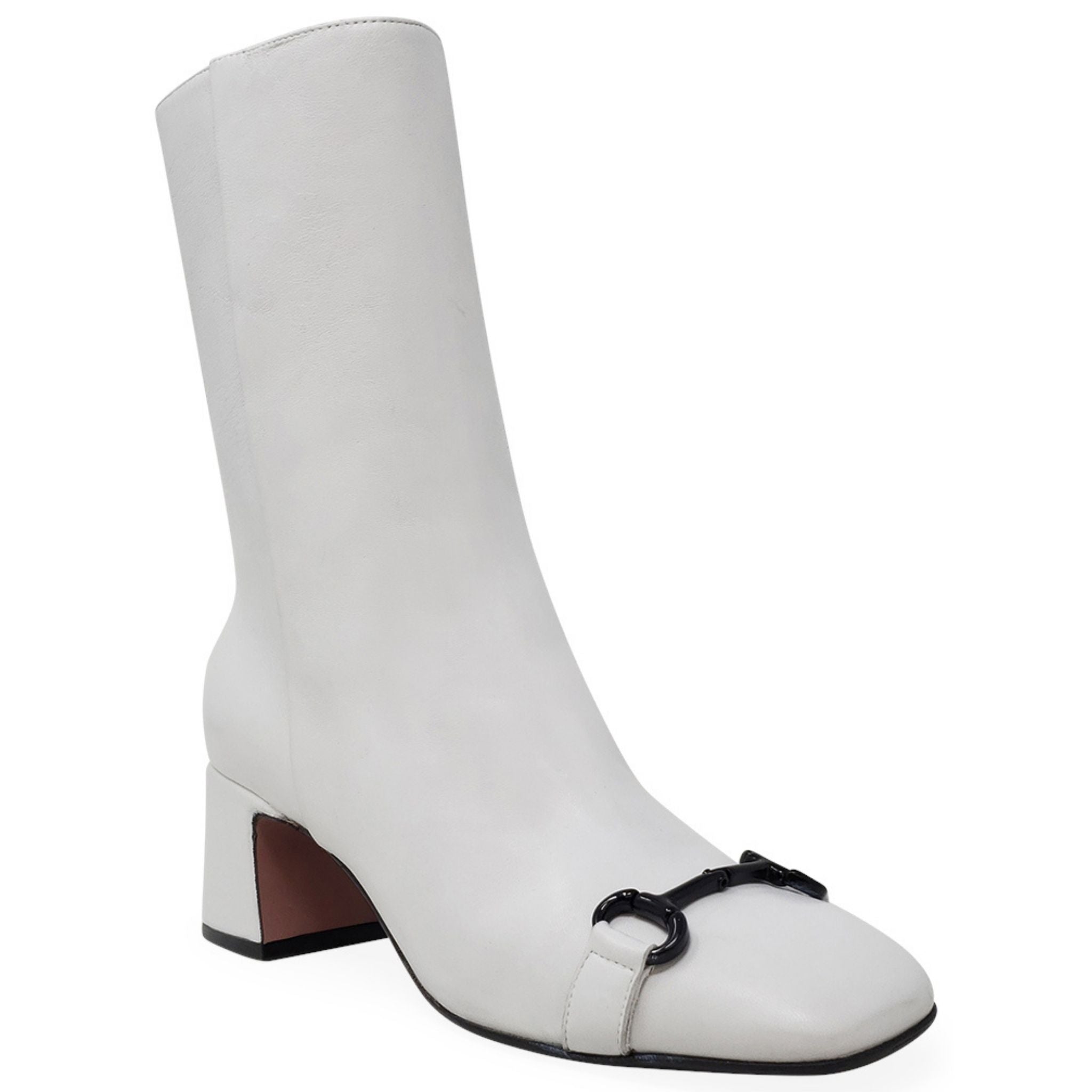 White Leather Back Stripe Block Heel Boots - Image 2