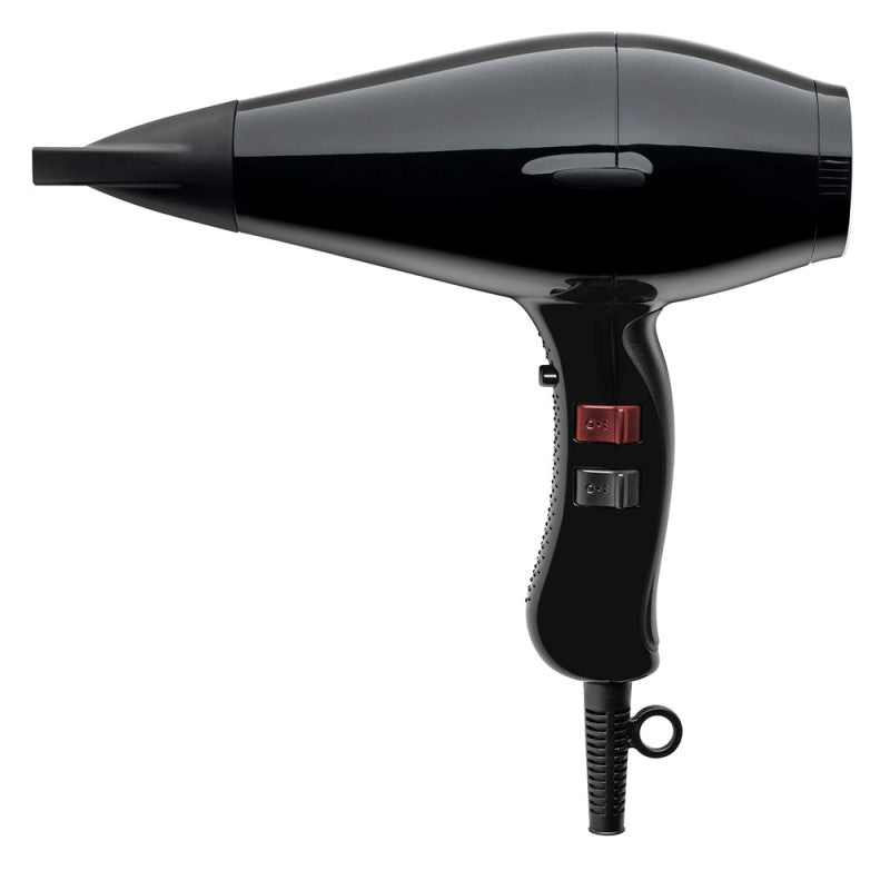 Professional 3800 Super Power hair dryer in glossy black with red accents on a modern bathroom vanity.