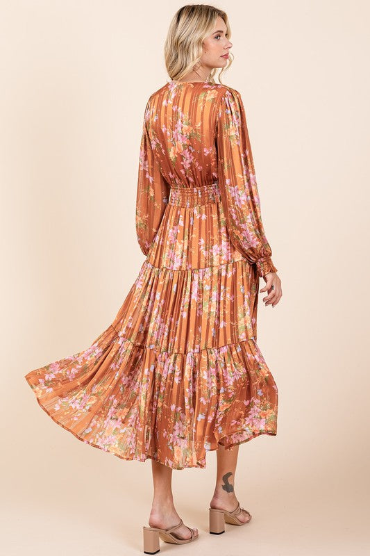 Floral Satin Lurex Stripe Smocked Midi Summer Dress