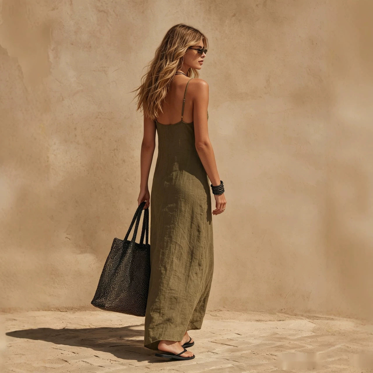 Women's Minimalist Sleeveless Maxi Slip Dress in Olive Green - Image 5