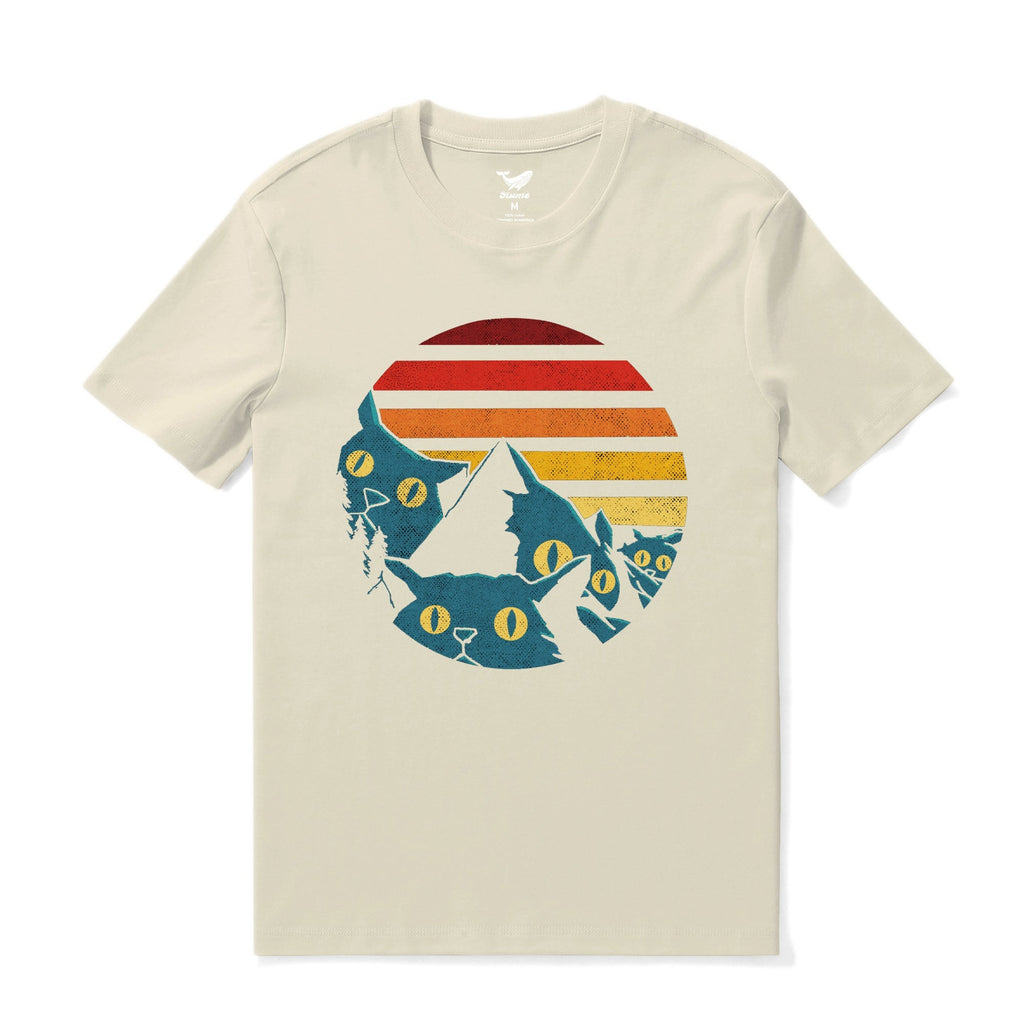 Men's beige 100% cotton crew neck t-shirt featuring a retro cat and colorful stripe graphic print.
