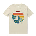 Men's beige 100% cotton crew neck t-shirt featuring a retro cat and colorful stripe graphic print.