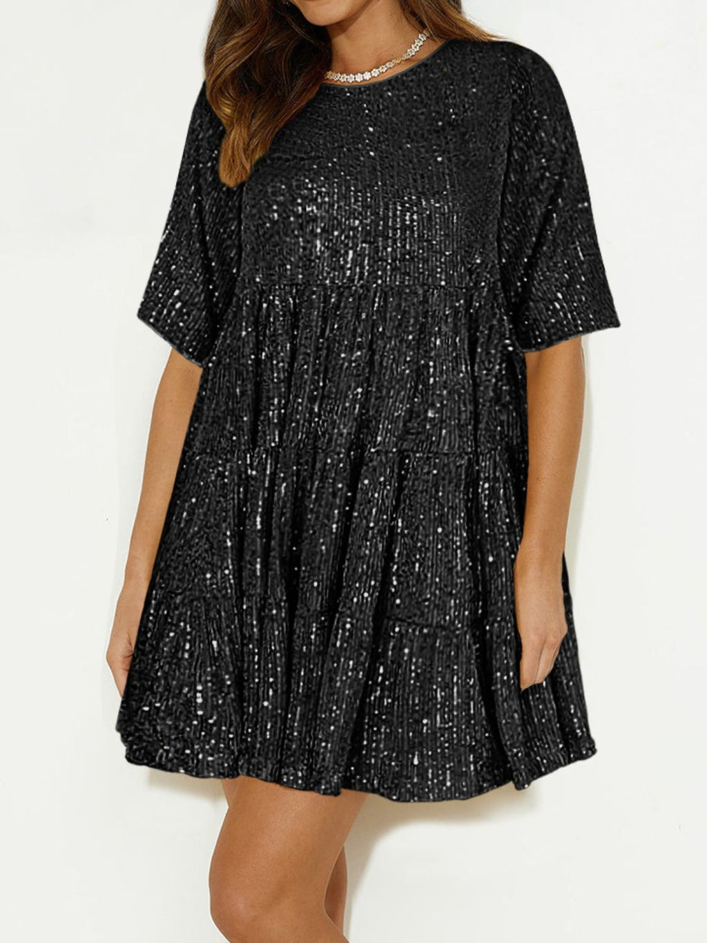 Sequin Round Neck Half Sleeve Mini Dress | Shimmer