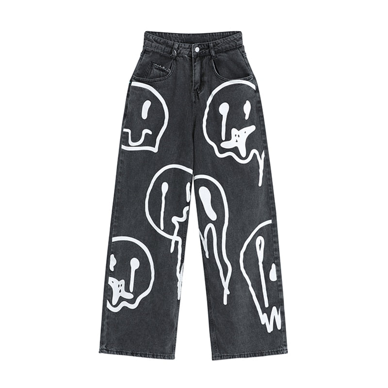 Women's Harajuku Style Wide Leg Denim Jeans with Dripping Smiley Print - Image 7