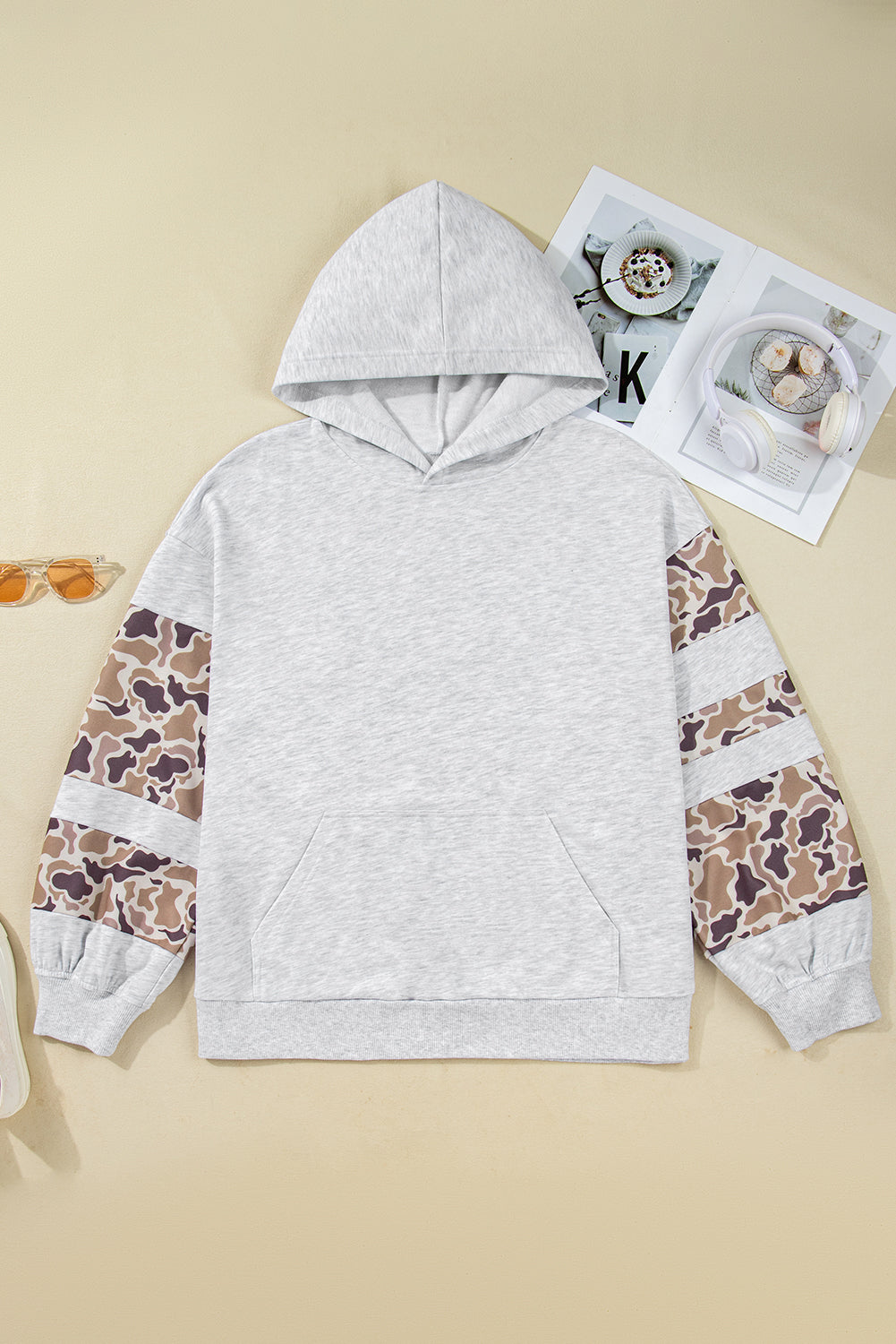 Light Grey Camouflage Patchwork Asymmetric Hoodie