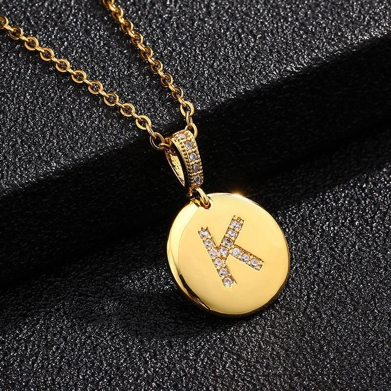Gold Plated Zircon Initial Disc Necklace Personalized Pendant