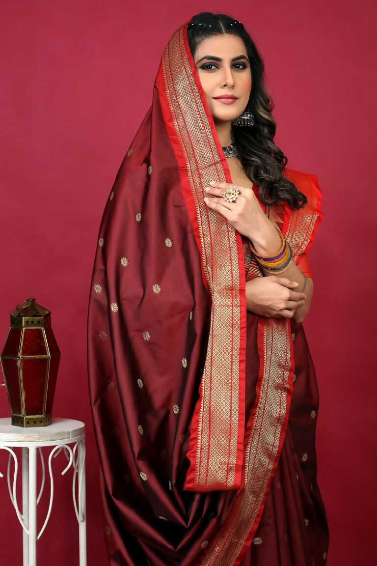 Women's Maroon Paithani Silk Saree with Zari Woven Border & Blouse