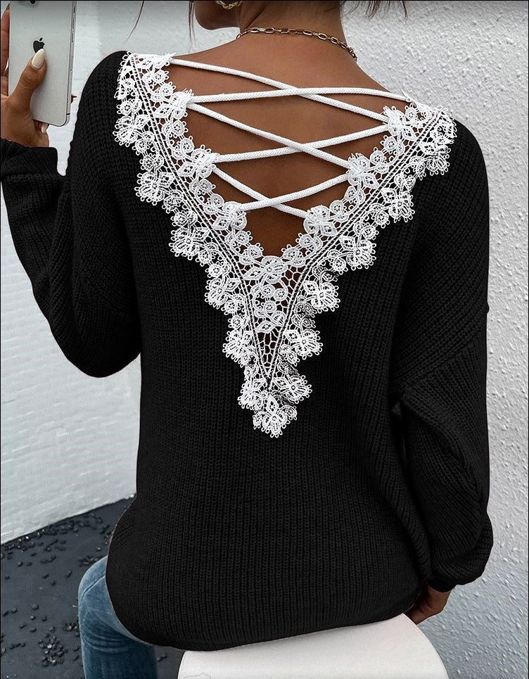 Women's Backless V-Neck Knit Sweater - Streetwear Pullover