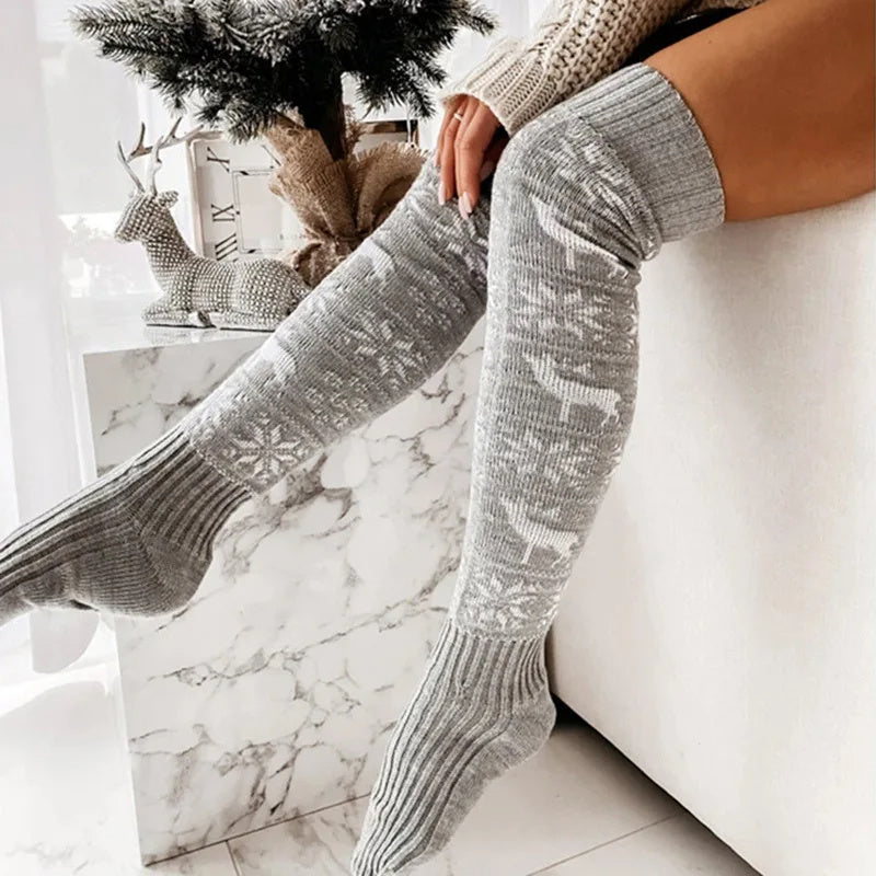 Women Christmas Thigh-High Knitted Stockings Snowflake Elk Print - Image 4